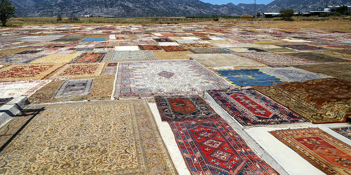 Antalya'nın Döşemealtı ilçesindeki buğday tarlaları yazın halı tarlasına dönüşüyor. Birbirinden farklı renk ve desende dokunan yün halılar arasında dolarla yurt dışına satılanları da bulunuyor.