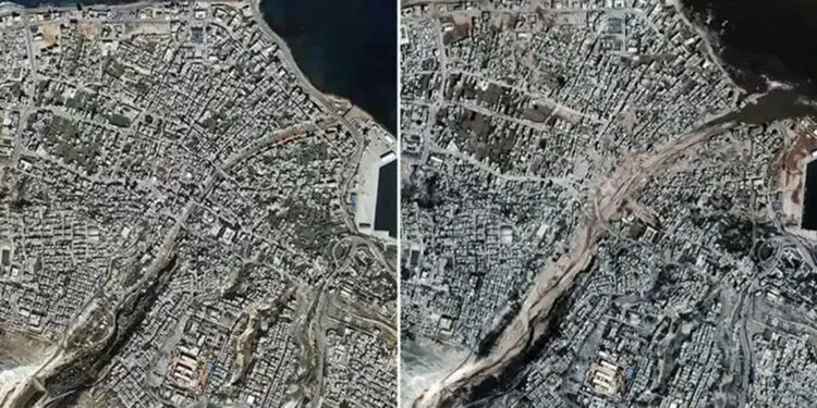 Derne’nin sel felaketi öncesini ve sonrası uydu görselinde