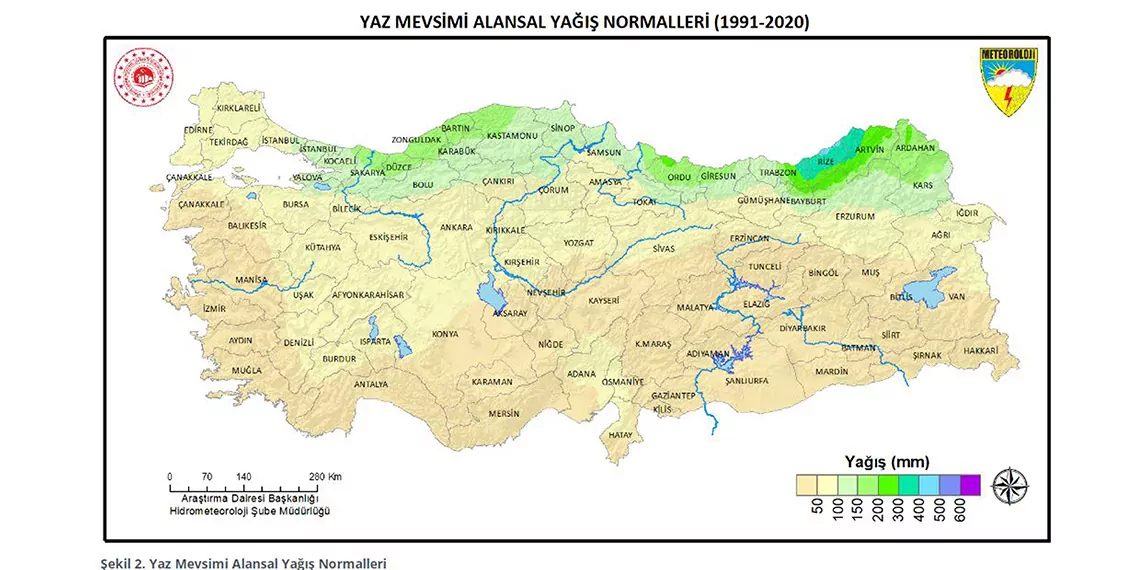 Türkiye geneli yaz mevsimi yağışları 1991-2020 yılları normaline göre yüzde 30 artarken, bu yıl marmara bölgesi'nde yüzde 19, güneydoğu anadolu bölgesi'nde yüzde 54 azaldı.