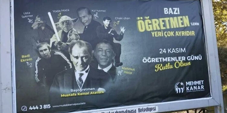 Bursa'da, tartışılan Öğretmenler Günü afişi