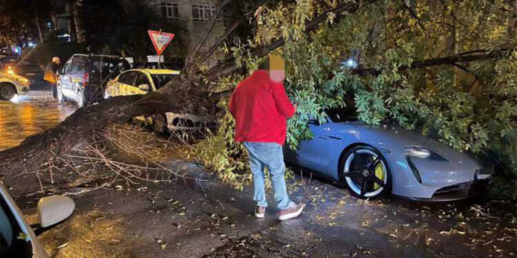 Ankara'da kuvvetli rüzgar; ağaç otomobilin üzerine düştü