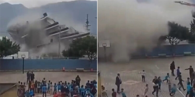 Okul yanında kontrollü yıkım; öğrenciler koşarak kaçtı