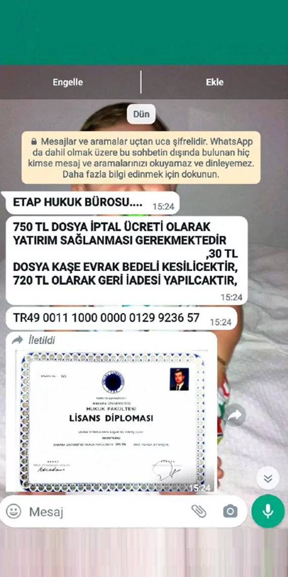 Whatsapp mesajıyla 750 tl dosya iptal ücreti istediler