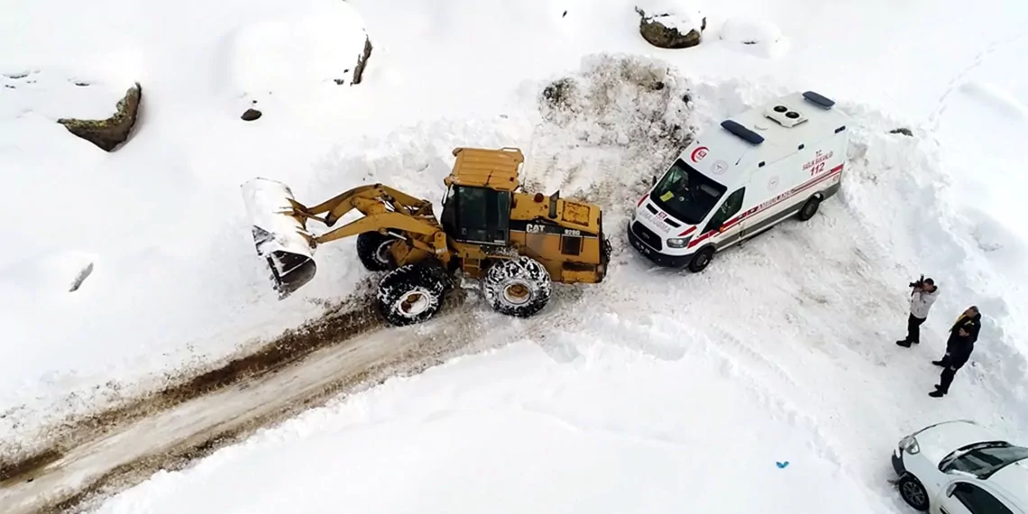 Van'ın erciş ilçesinde etkili olan kar yağışı ve tipi nedeniyle yolu kapanan köydeki 95 yaşındaki hasta için ekipler seferber oldu.