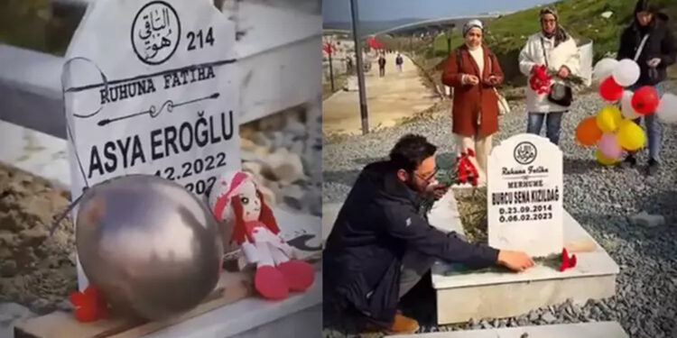 Depremde ölen çocukların mezarlarına oyuncak bıraktılar