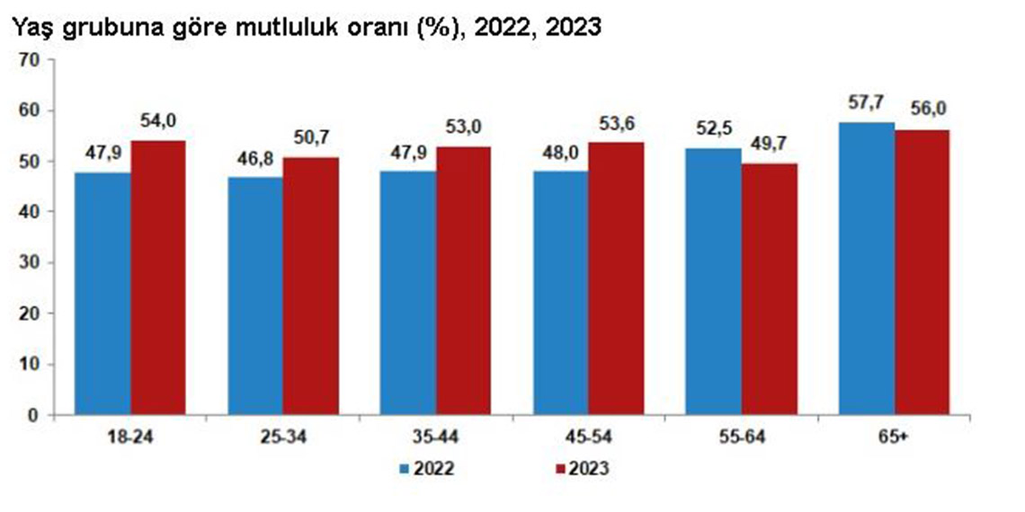 Türkiye İstatistik Kurumu (TÜİK) 2023 yılına ilişkin Yaşam Memnuniyeti Araştırması sonuçlarını açıkladı. Buna göre Türkiye'nin yüzde 52'si mutlu. Ülkenin en önemli sorunu incelendiğinde; 2020 yılında birinci sırada yüzde 18,5 ile işsizlik, ikinci sırada yüzde 17,3 ile hayat pahalılığı, üçüncü sırada yüzde 17,2 ile eğitim yer aldı.