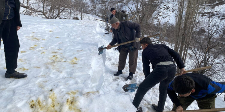 Damdaki kar birikintilerini imece usulü temizliyorlar