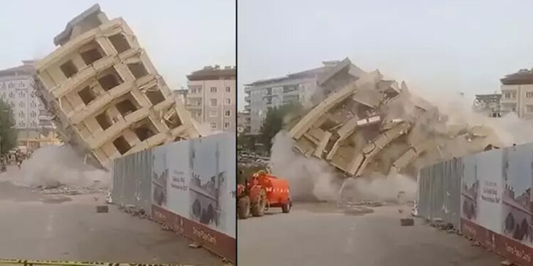 Ağır hasarlı 6 katlı bina yıkılırken çöktü