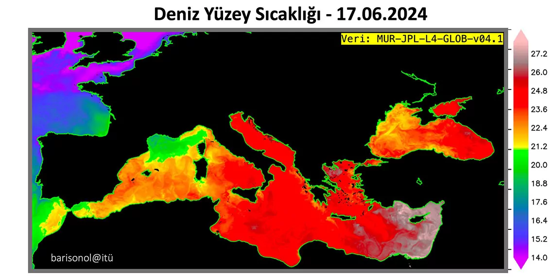 Meteoroloji genel müdürlüğü'nün deniz suyu sıcaklıkları ölçüm sonuçlarına göre akdeniz'in özellikle doğusunda deniz suyu sıcaklığı 29 dereceyi aştı. Adana karataş'ta 29,3 derece rekor ölçüm yapıldı.