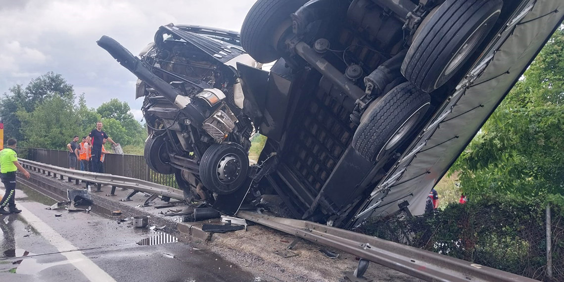 Köprüde asılı kalan TIR'ın şoförü yaralandı, 6 büyükbaş öldü