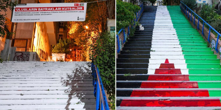 Beyoğlu'nda Filistin bayrağı çizilen merdivenler beyaza boyandı