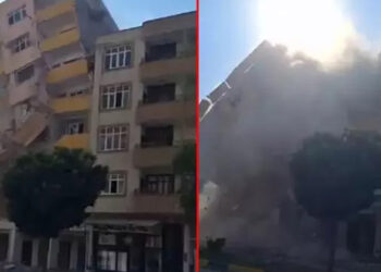 Depremde hasar alan 6 katlı bina yıkım sırasında çöktü