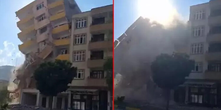 Depremde hasar alan 6 katlı bina yıkım sırasında çöktü