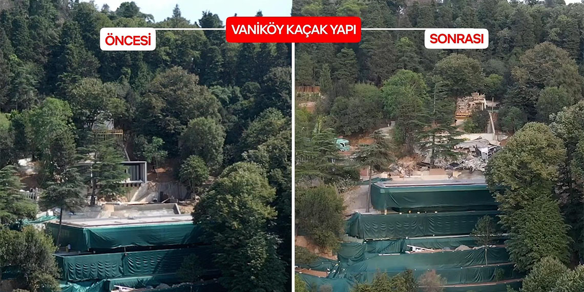 İstanbul'un Üsküdar ilçesindeki Vaniköy'deki villanın kaçak eklentilerinin yıkımı tamamlandı. Çevre, Şehircilik ve İklim Değişikliği Bakanlığı, tahrip edilen bölgede ağaçlandırma çalışması başlatacak ve bitki örtüsü eski dokusuna kavuşturulacak.