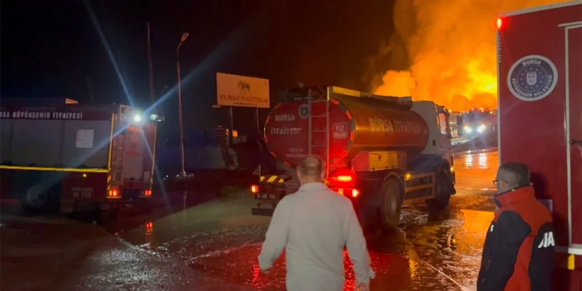 Bursa'da palet fabrikasında yangın çıktı. Çıkan yangına müdahale sırasında dumandan etkilenen 2 itfaiye eri, sağlık ekipleri tarafından tedavisi yapılmak üzere ambulansa alındı.