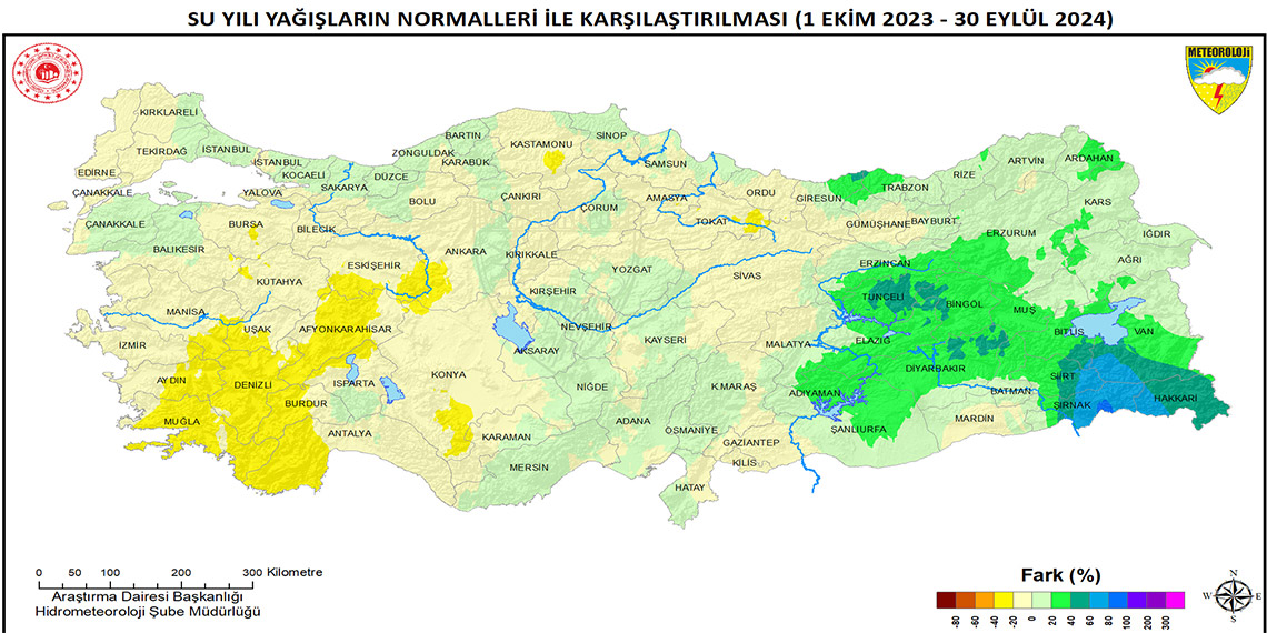 Meteoroloji Genel Müdürlüğü'nün 2023-2024 Su Yılı 12 Aylık Alansal Kümülatif Yağış Raporu'na göre,; Yağışlar en fazla Doğu Anadolu'da arttı, Ege'de azaldı.