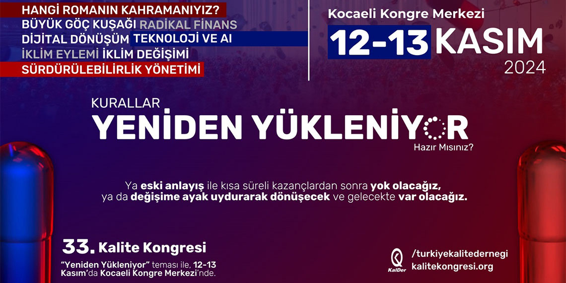 Türkiye Kalite Derneği (KalDer) tarafından düzenlenen, 33'üncü Kalite Kongresi 12-13 Kasım tarihlerinde 'Yeniden Yükleniyor’ teması ile Kocaeli Kongre Merkezi’nde gerçekleşecek.