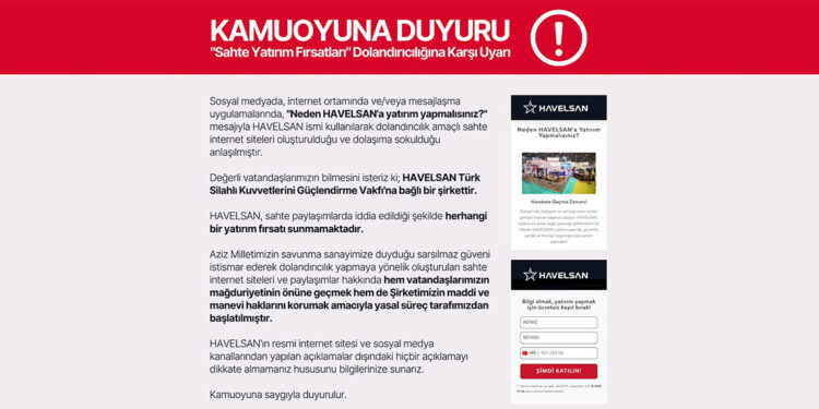 HAVELSAN'dan 'Sahte Yatırım Fırsatları' dolandırıcılığı uyarısı