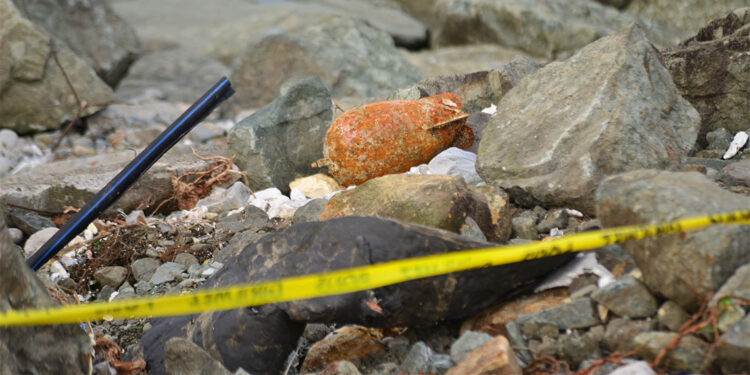 Patlamamış su altı bombası kıyıya vurdu