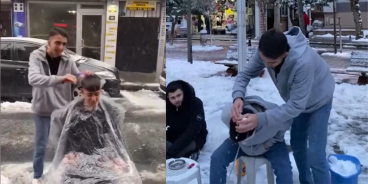 Kağıthane'de kuaför kar altında müşterisini tıraş etti