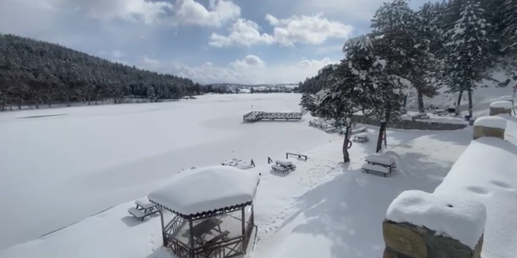 Karabük’te Ortakçılar Göleti'nin yüzeyi buz tuttu