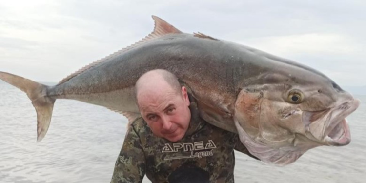 Zıpkınla 1,8 metrelik akya balığı avladı