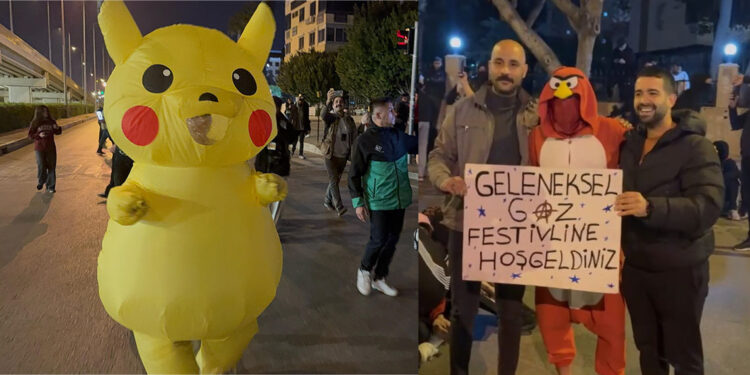 Protestolarda 'Pikachu' ve 'Angry Birds' kostümlü 2 kişi ilgi gördü