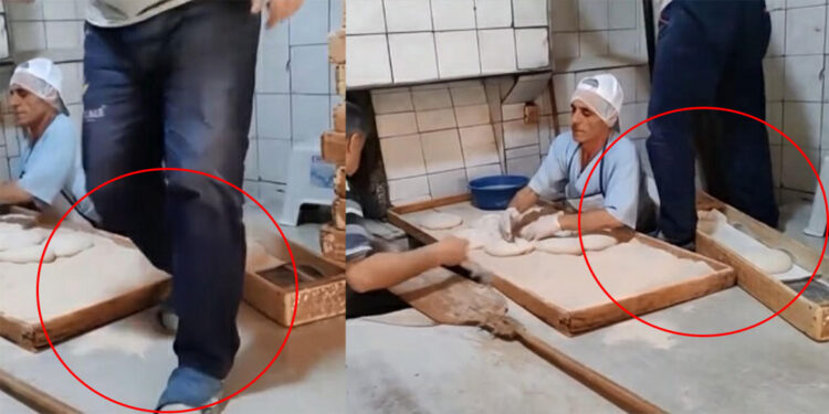 Pide fırınında hijyen skandalı! Tezgahta terlikle gezdi