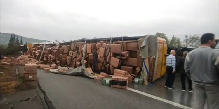 TEM Otoyolu'nda TIR devrildi