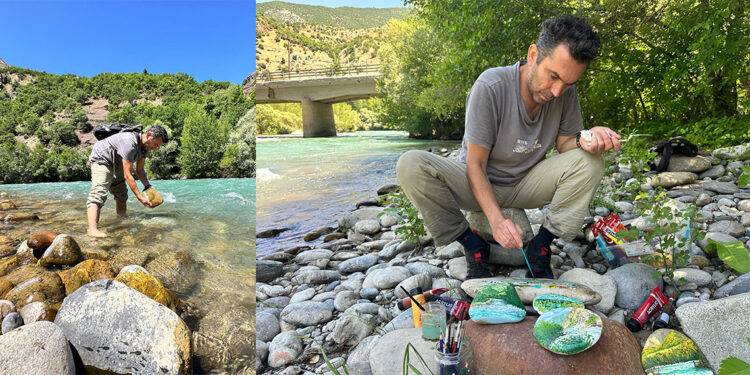 Munzur Nehri'nden topladığı taşları tuval olarak kullanıyor