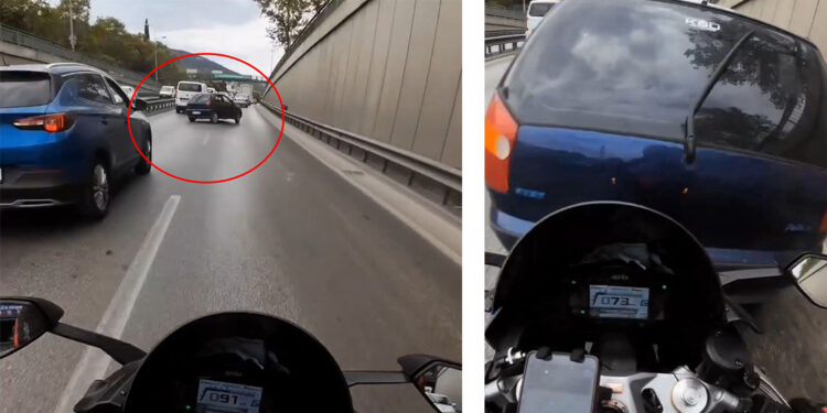 Önüne kıran otomobile çarpan motosikletin sürücüsü yere düştü