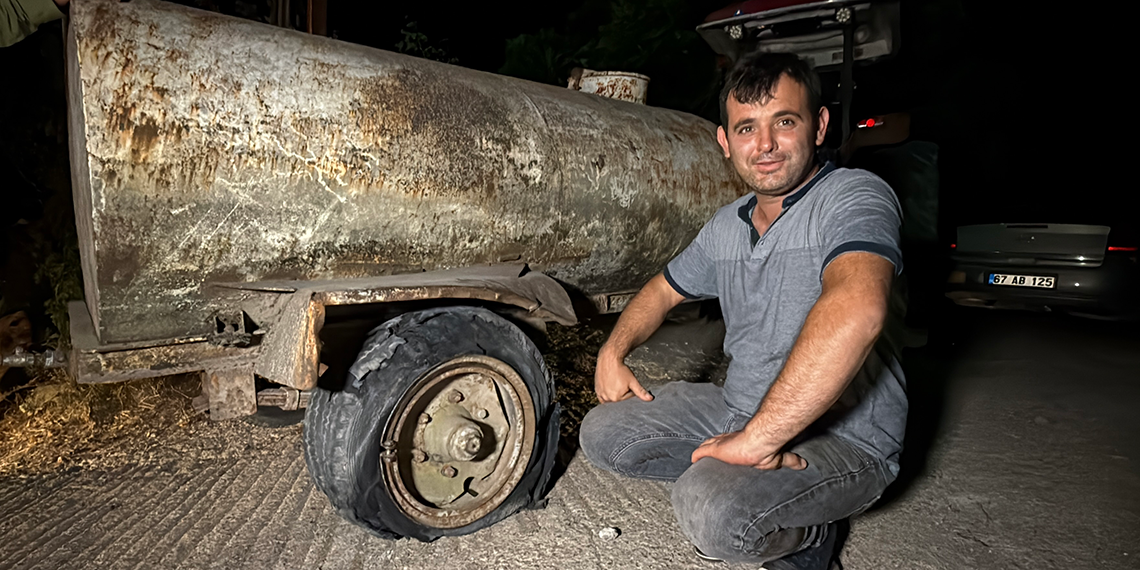 Patlak lastikle yangın bölgesine su taşıdı