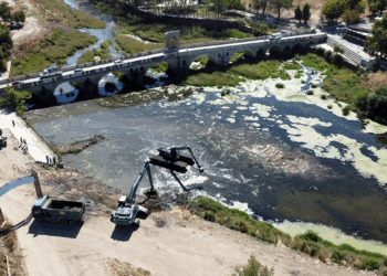 Edirne'de kuraklık nedeniyle otla kaplanan Tunca Nehri temizleniyor