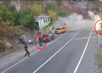 Dağdan kopan kaya parçalarının altında kalmaktan son anda kurtuldu