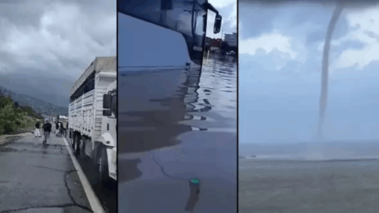 Hatay'da sağanak nedeniyle otoyol çöktü, denizde hortum çıktı