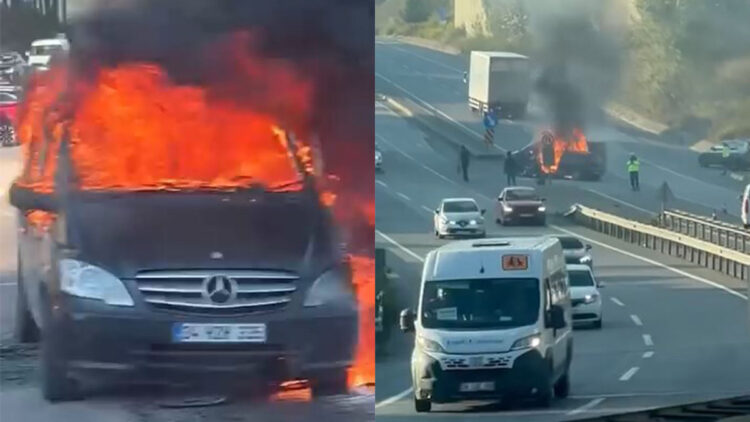 Pendik'te minibüs ve otomobil alev alev yandı
