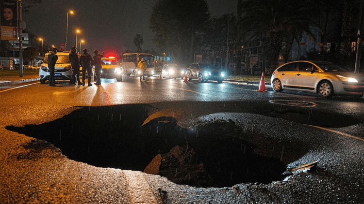 İstanbul'da sağanak nedeniyle yol çöktü