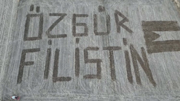 Traktör ile tarlalarına 'Özgür Filistin' yazdılar