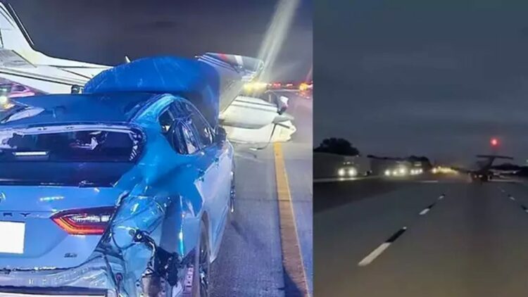 ABD’de küçük bir uçak, seyir halindeki otomobilin üzerine acil iniş yaptı