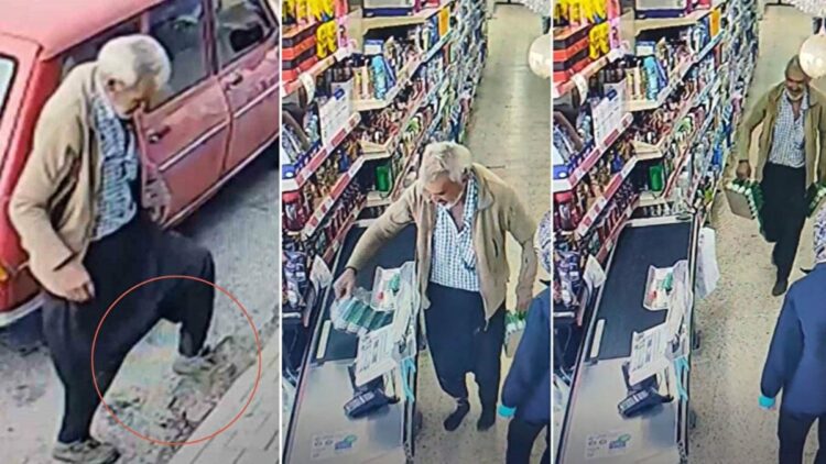 Çamurlu ayakkabısını çıkarıp, çorapla markette alışveriş yaptı