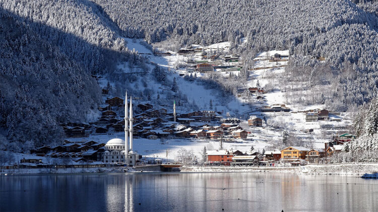 Uzungöl kar yağışı ile birlikte beyaz örtüyle kaplandı