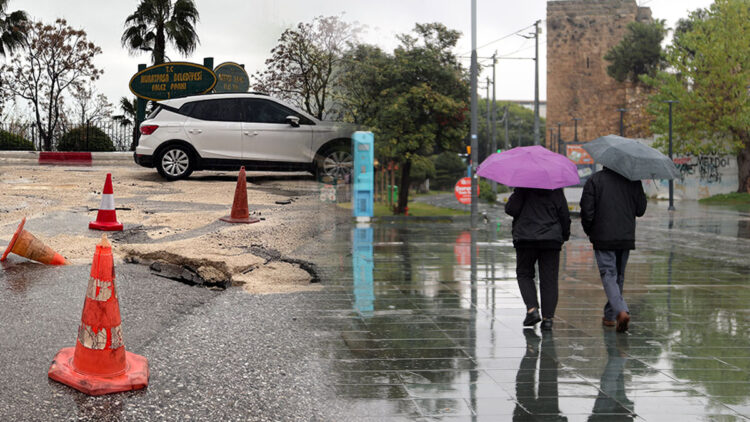 Antalya'da şiddetli yağışta yol çöktü