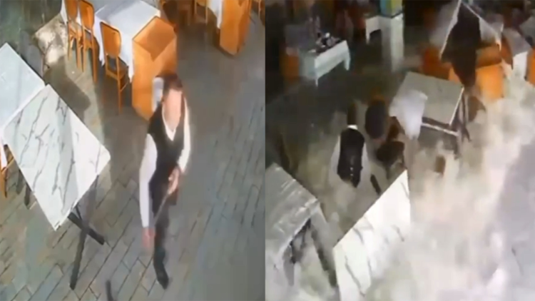 Restorana vuran dev dalganın çalışanı sürüklendiği anlar kamerada
