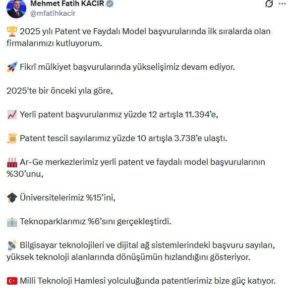 Bakan Kacır: Yerli patent başvurularımız 11 bin 394'e ulaştı