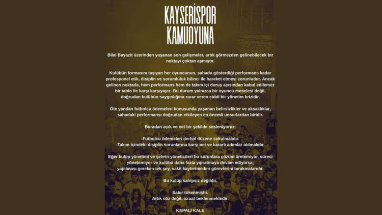 Kayserispor taraftar grubu Kapalı Kale: Bu kulüp sahipsiz değildir, sabır tükenmiştir