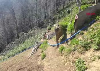 Yol olmayan eve çelik tel üzerinde tehlikeli yolculuk
