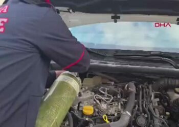 Otomobilin motor kısmına giren kediyi itfaiye ekipleri kurtardı