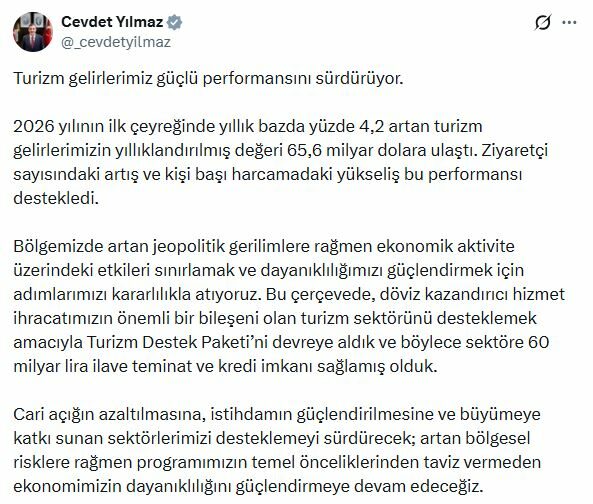Cevdet Yılmaz: Turizm gelirlerimiz güçlü performansını sürdürüyor