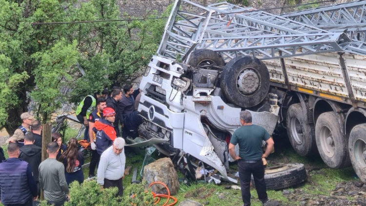 Şarampole yuvarlanan elektrik direği yüklü kamyonun şoförü öldü