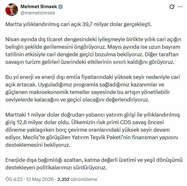 Bakan Şimşek'ten 'cari açık' değerlendirmesi